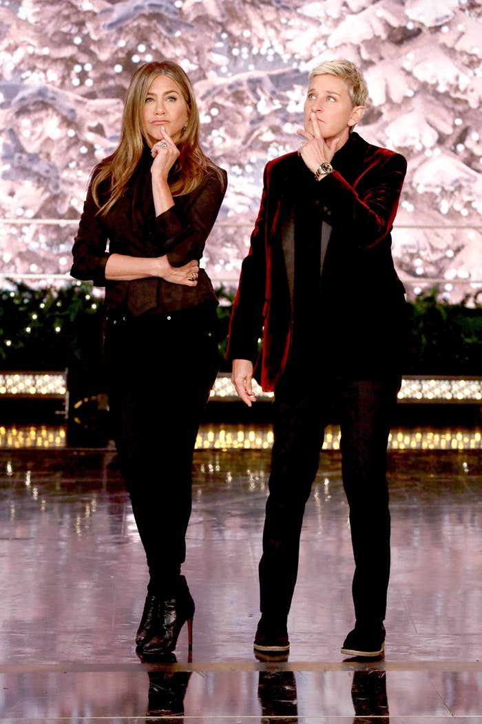 Jennifer Aniston and Ellen DeGeneres stand side by side