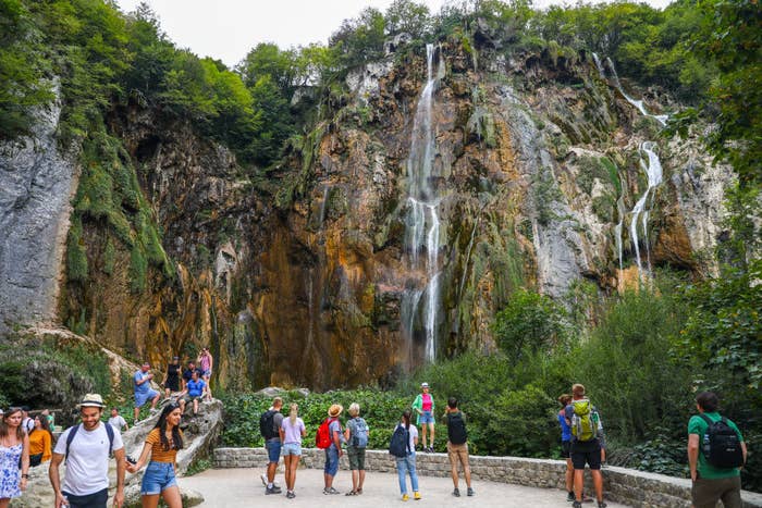 Tourists at a waterfall