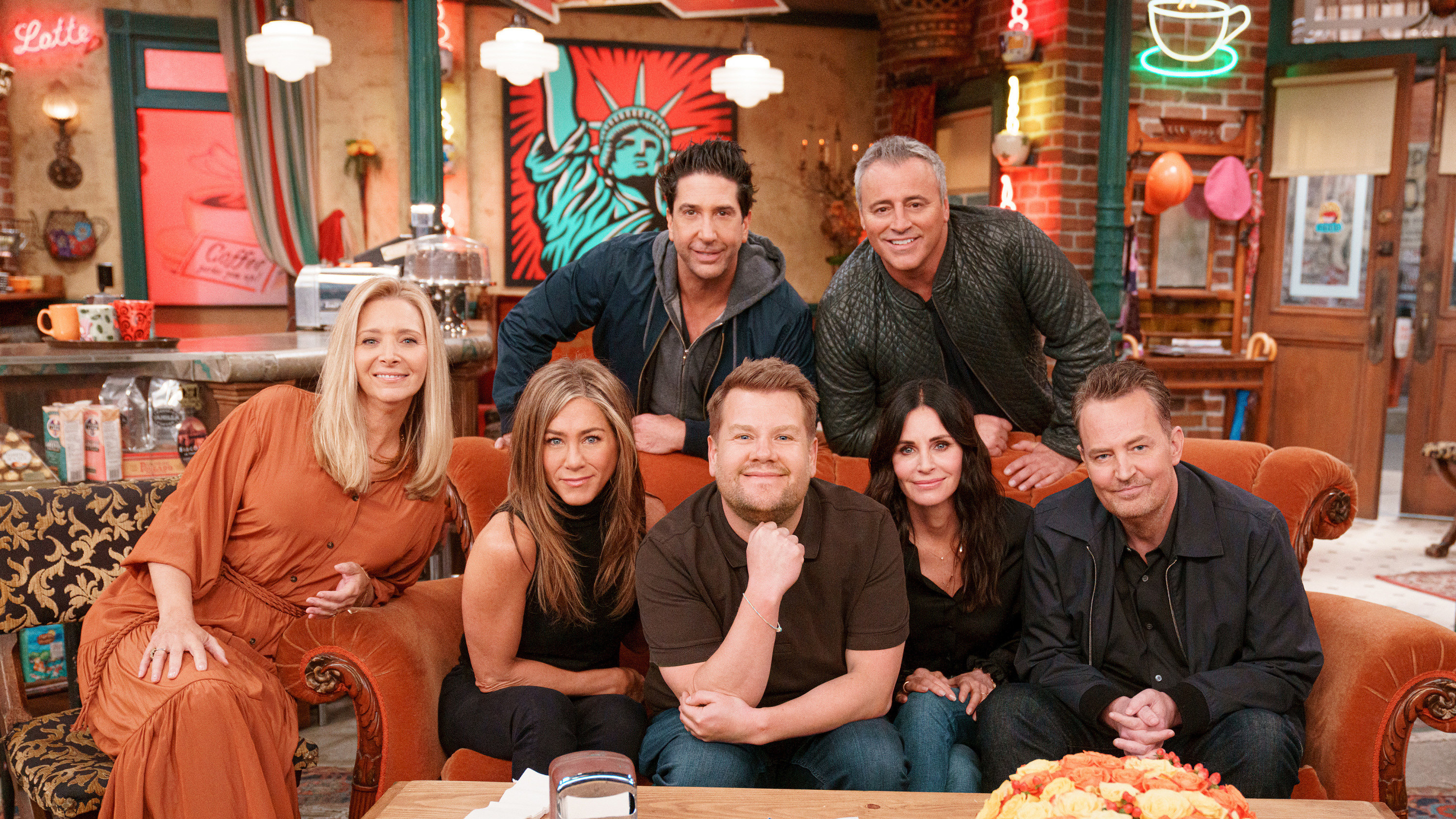The cast of Friends sit together with James Corden