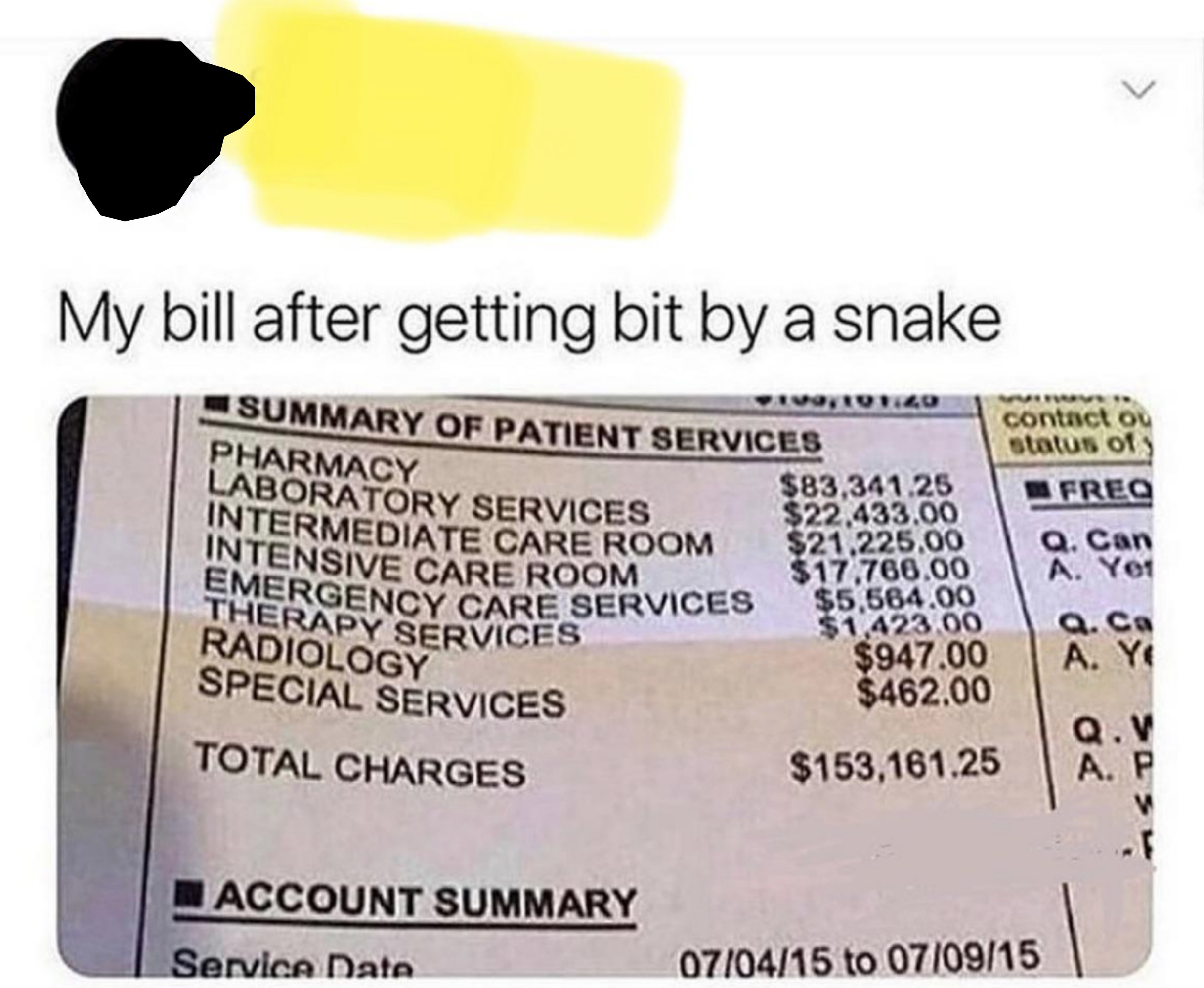 Tweet: &quot;My bill after getting bit by a snake&quot; with a bill for $153,161