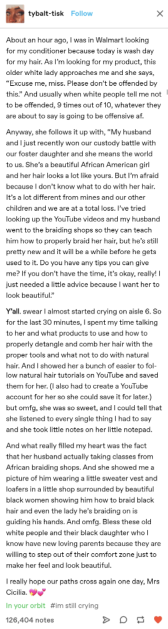 A Black woman&#x27;s story of a white woman asking her how to do her Black foster daughter&#x27;s hair