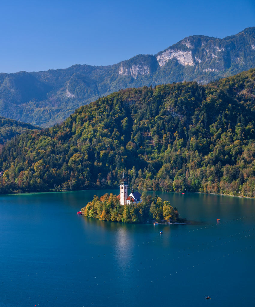 An island in Lake Bled in Slovenia