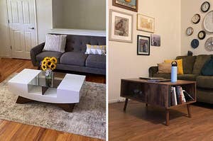 left: reviewer photo of trestle storage coffee table. right: reviewer photo of walnut wood storage coffee table.