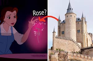Belle tries to touch the enchanted rose and a stone castle