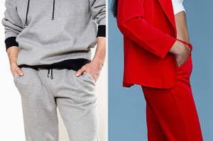 person wearing sweatpants and person wearing a red suit
