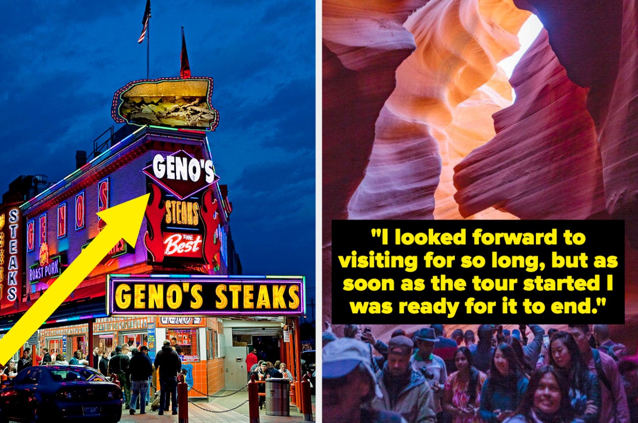 The exterior of Geno's Philly Cheesesteaks and insinde Antelope Canyon.