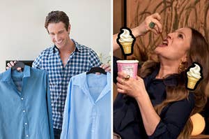 A man holds up two shirt options and Drew Barrymore eats from a carton of ice cream