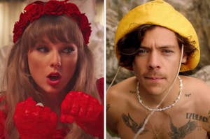 On the left, Taylor Swift in the I Bet You Think About Me music video, and on the right, Harry Styles in the Golden music video