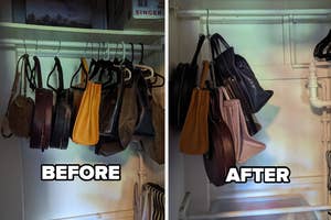 A before image showing a closet filled with handbags hanging from a rod, An after image showing all those bags hanging from a single hanger with tons of hooks and much more space in the closet