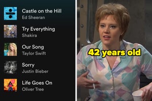 On the left, a screenshot of a Spotify playlist, and on the right, Kate McKinnon on SNL labeled 42 years old