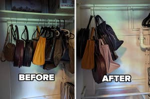 A before image showing a closet filled with handbags hanging from a rod, An after image showing all those bags hanging from a single hanger with tons of hooks and much more space in the closet
