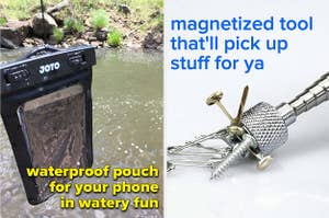 plastic pouch with phone by a river, telescoping magnetized tool picking up hardware