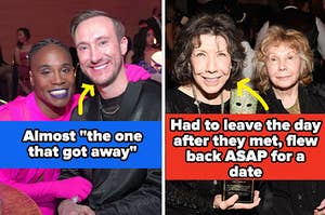 Billy and Adam Porter labeled "almost 'the one that got away'" and Lily Tomlin and Jane Wagner labeled "had to leave the day after they met, flew back ASAP for a date"
