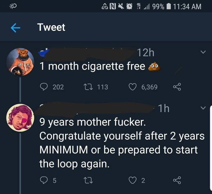 a twitter user saying someone can&#x27;t celebrate being cigarette free until after 2 years