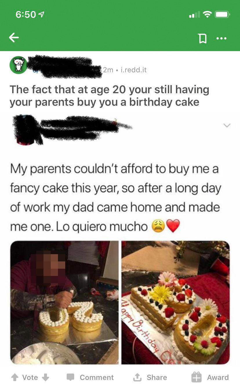 a person hating on someone&#x27;s dad making them a cake