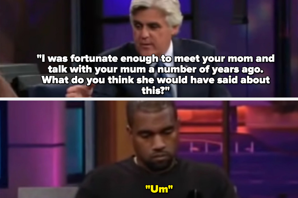A picture of Jay Leno interviewing Kanye West who has his head down