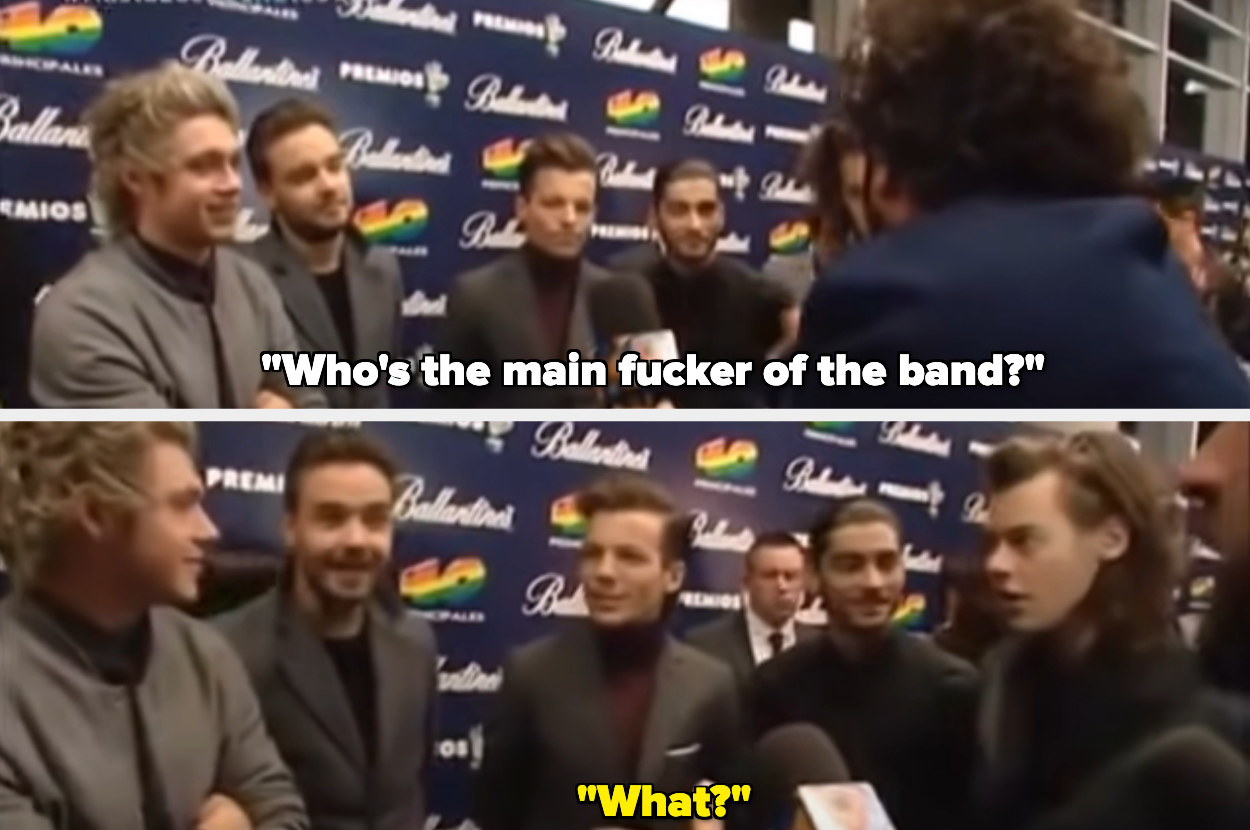 One Direction looking shocked in an interview