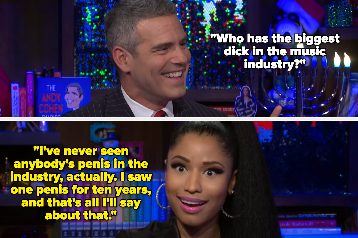 A picture of Andy Cohen smiling and rapper Nicki Minaj with a surprised face