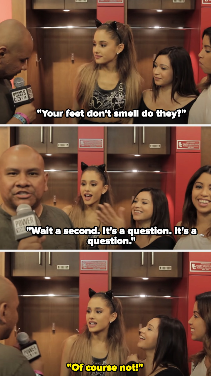 Ariana Grande is pictured wearing her signature cat ears while being interviewed by Power 106