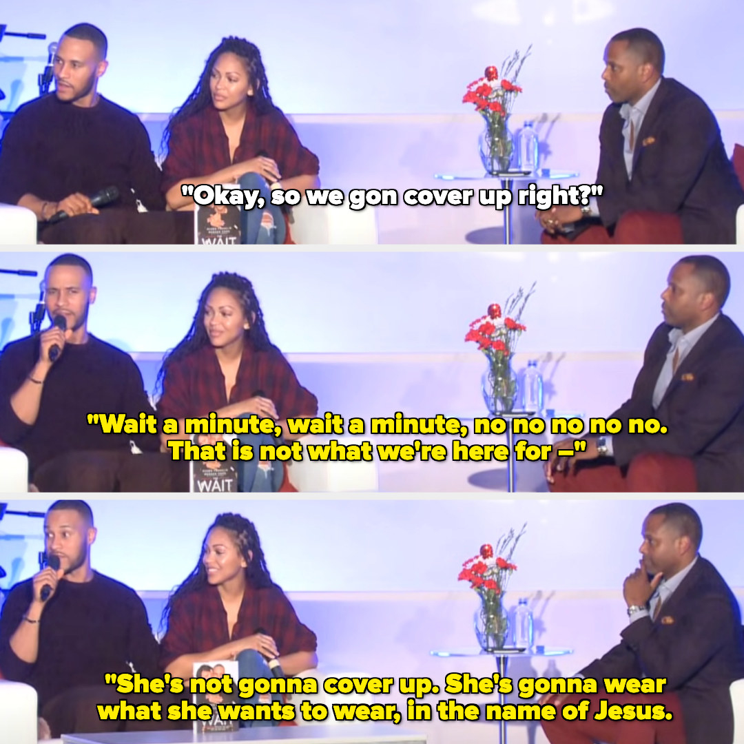 DeVon Franklin and Meagan Good share the same irritated expressions while sitting next to each other during an interview