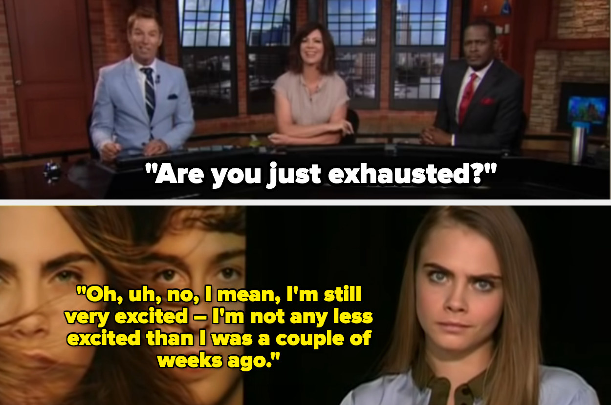 A picture of Good Day reporters at the top, and Cara Delevingne is at the bottom with a confused expression