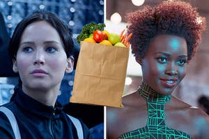 katniss everdeen on the left nakia from black panther on the right and a grocery bag in the middle
