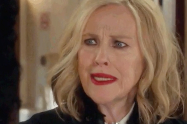 Moira Rose from "Schitt's Creek" looks confused and shocked all at once