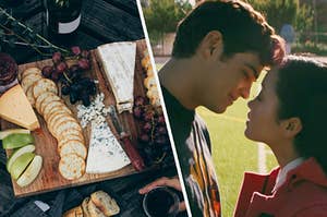 A wooden board covered in fruits, cheese, crackers, and jam and Lana Condor as Lara Jean and Noah Centineo as Peter in the movie "To All the Boys I've Loved Before."