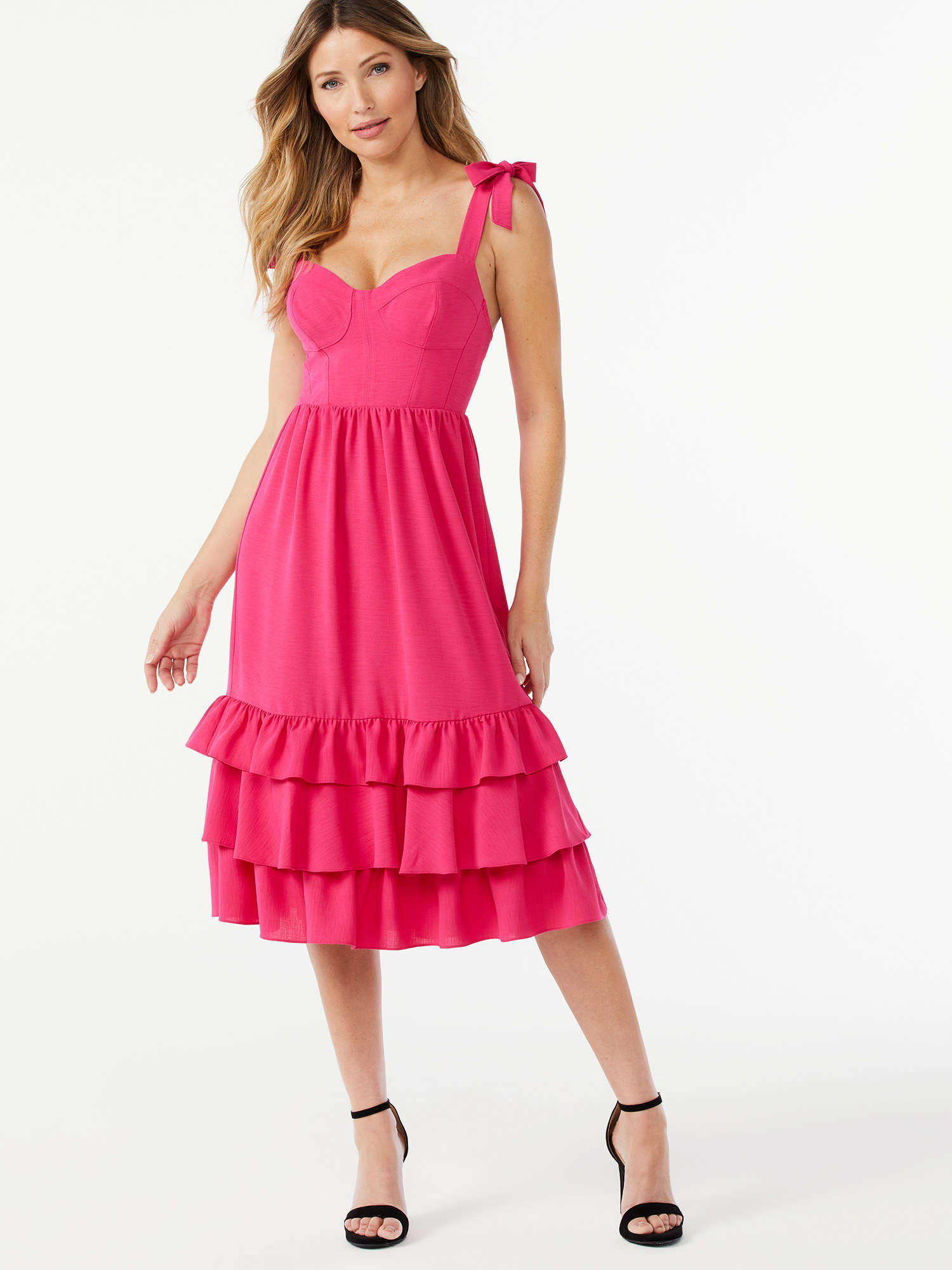 Model wearing the vibrant pink dress