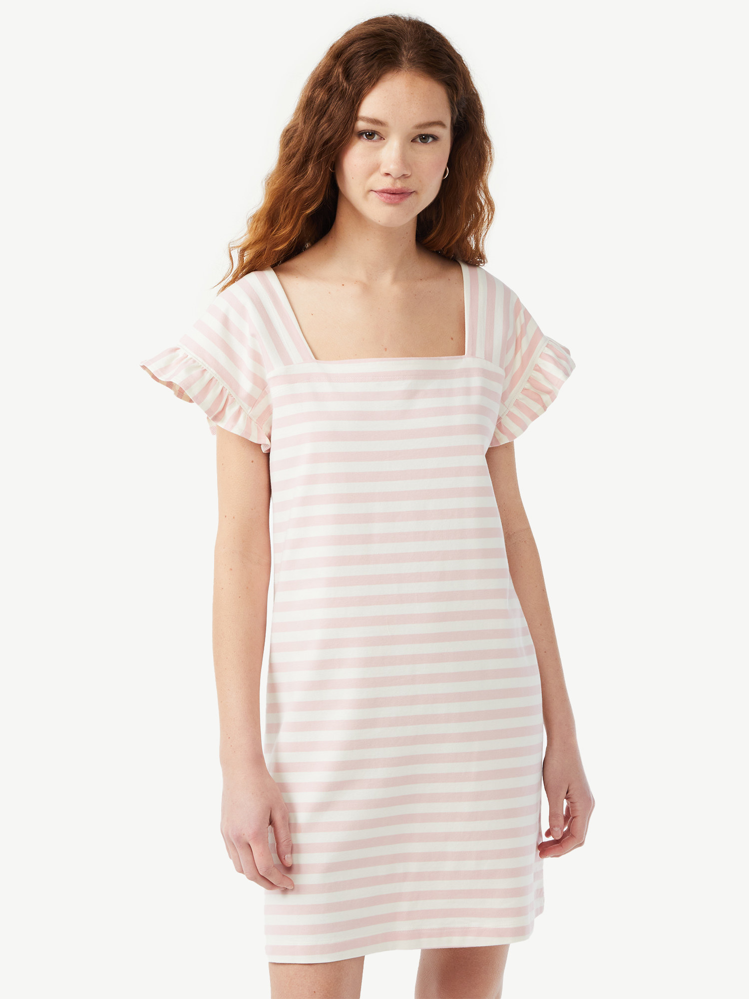 Model wearing the bengal stripe silver pink dress
