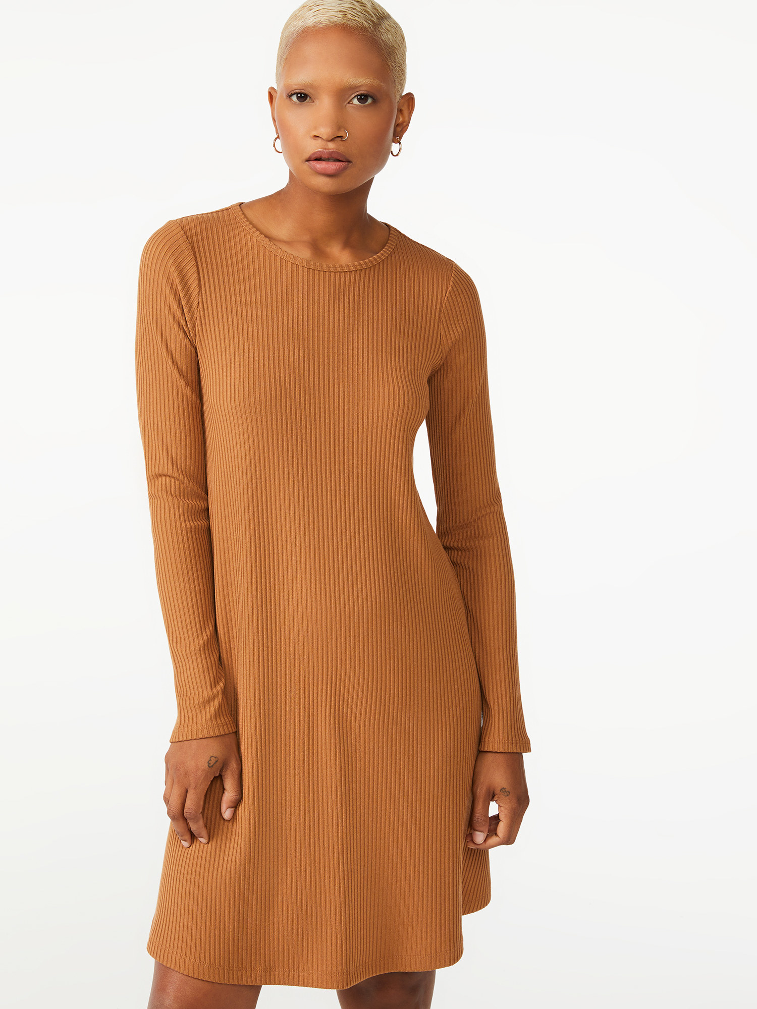 Model wearing the brown dress