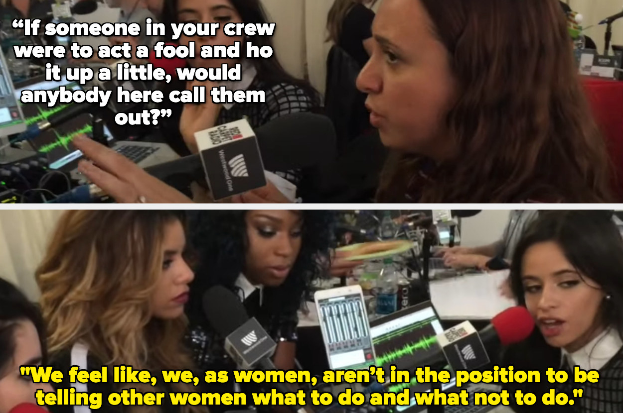 A picture of an interviewer at the top, and a picture of group Fifth Harmony on the bottom