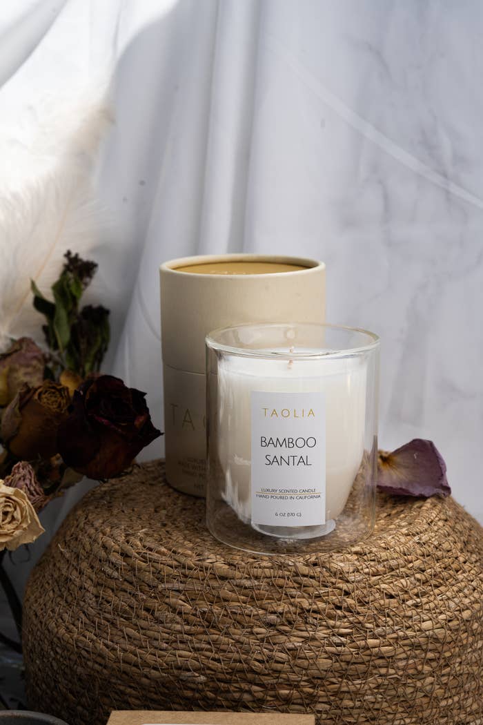 Taolia&#x27;s Bamboo Santal Candle with new packaging.