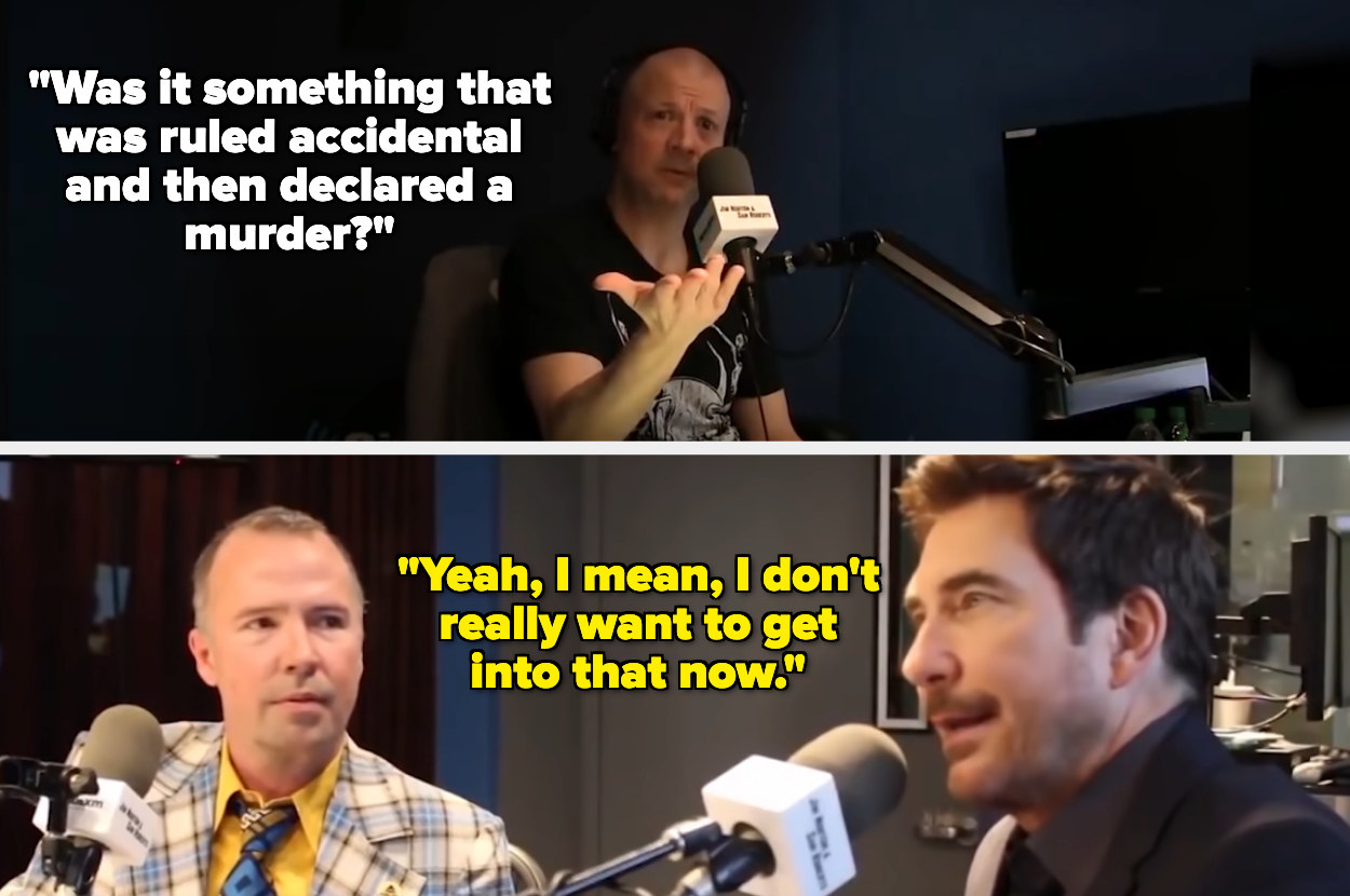 A picture of an interviewer asking a question and a picture of Dylan McDermott at the bottom with another interviewer.
