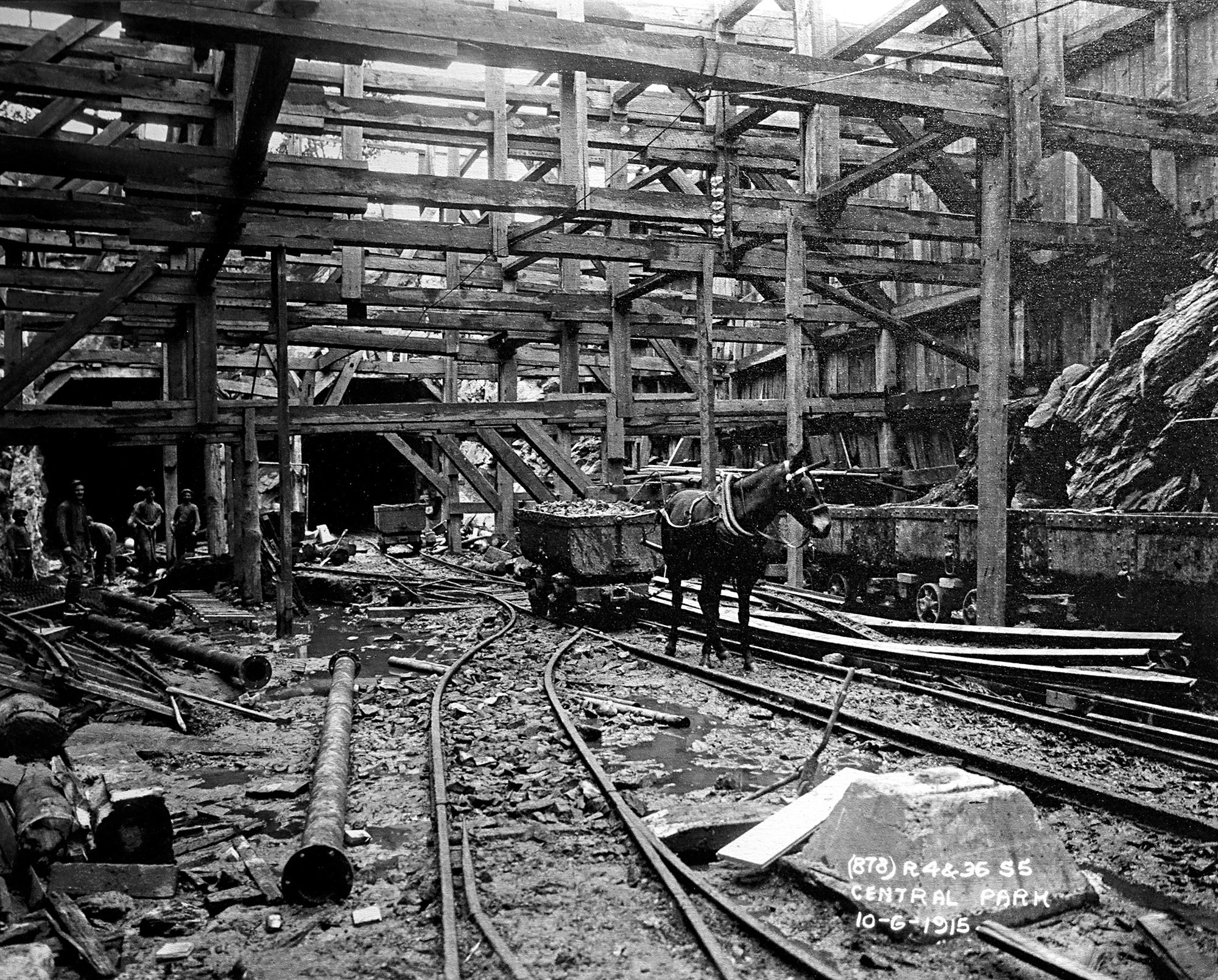 A mule tethered to a cart of debris stands on train tracks, surrounded by wooden scaffolding and rocks