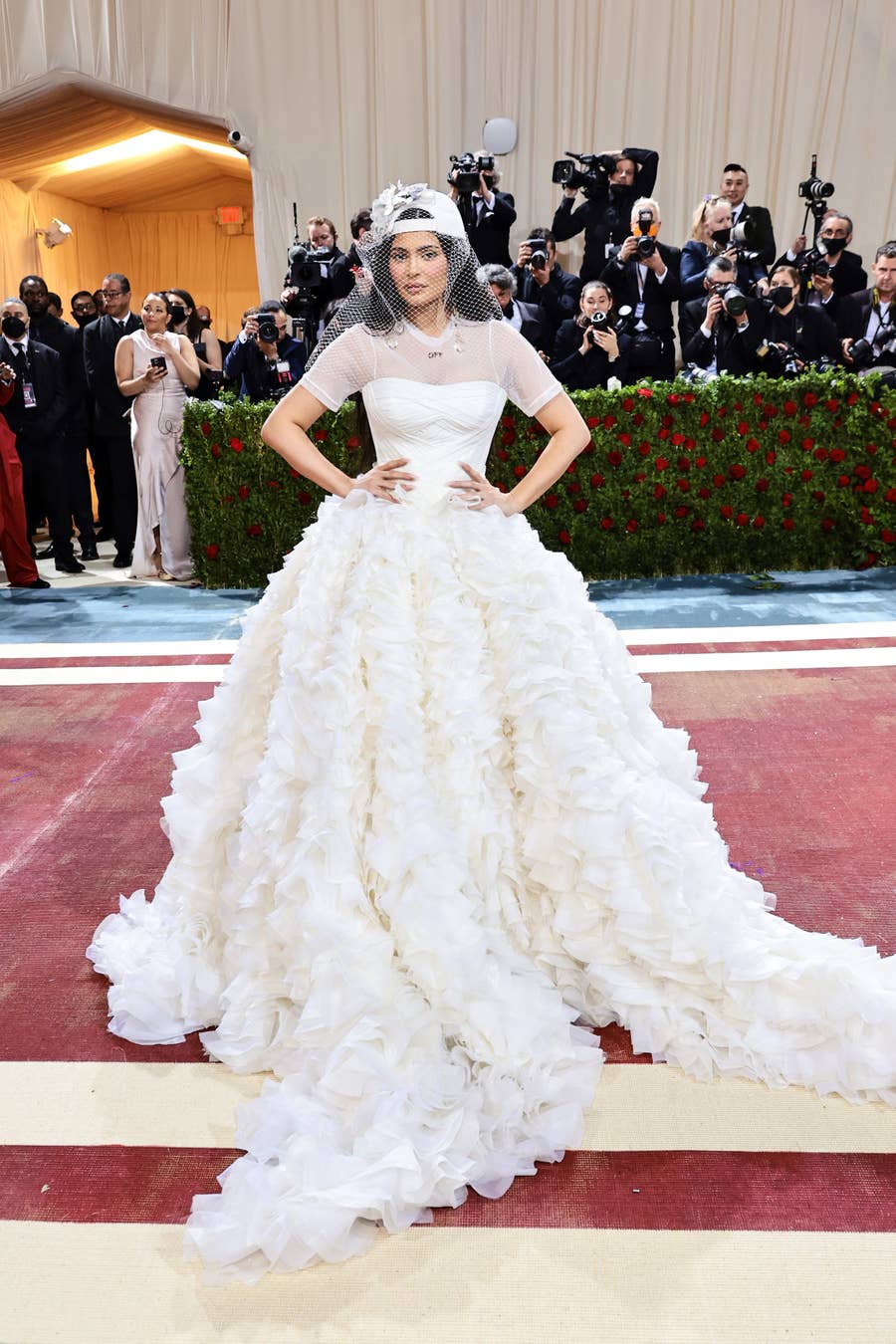 green emerald velvet dress Kylie Jenner Light Champagne 2024 Met Gala Red Carpet Dress