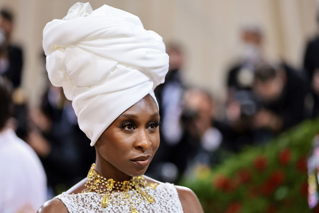 A closeup of Cynthia Erivo in the headdress