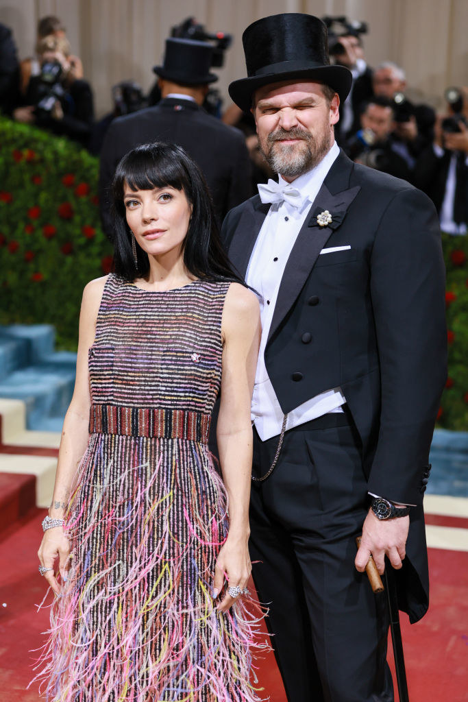 A closeup of Lily Allen and David Harbour