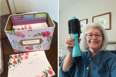 left: reviewer photo of recipe box with organizers. right: reviewer holding up revlon hot air brush