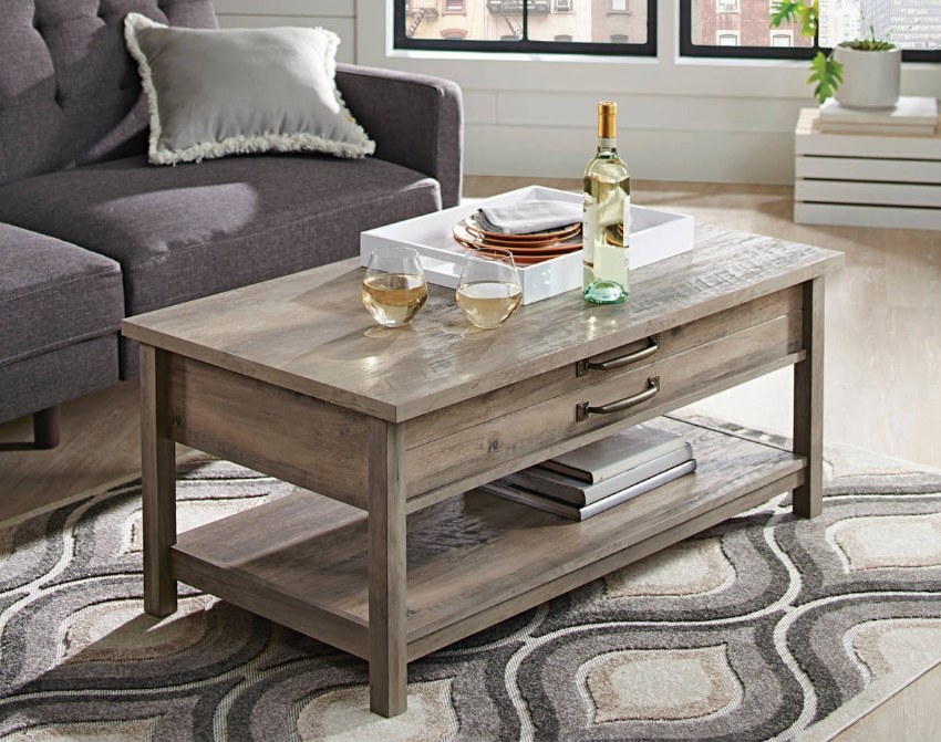 An image of a rustic grey lift top coffee table