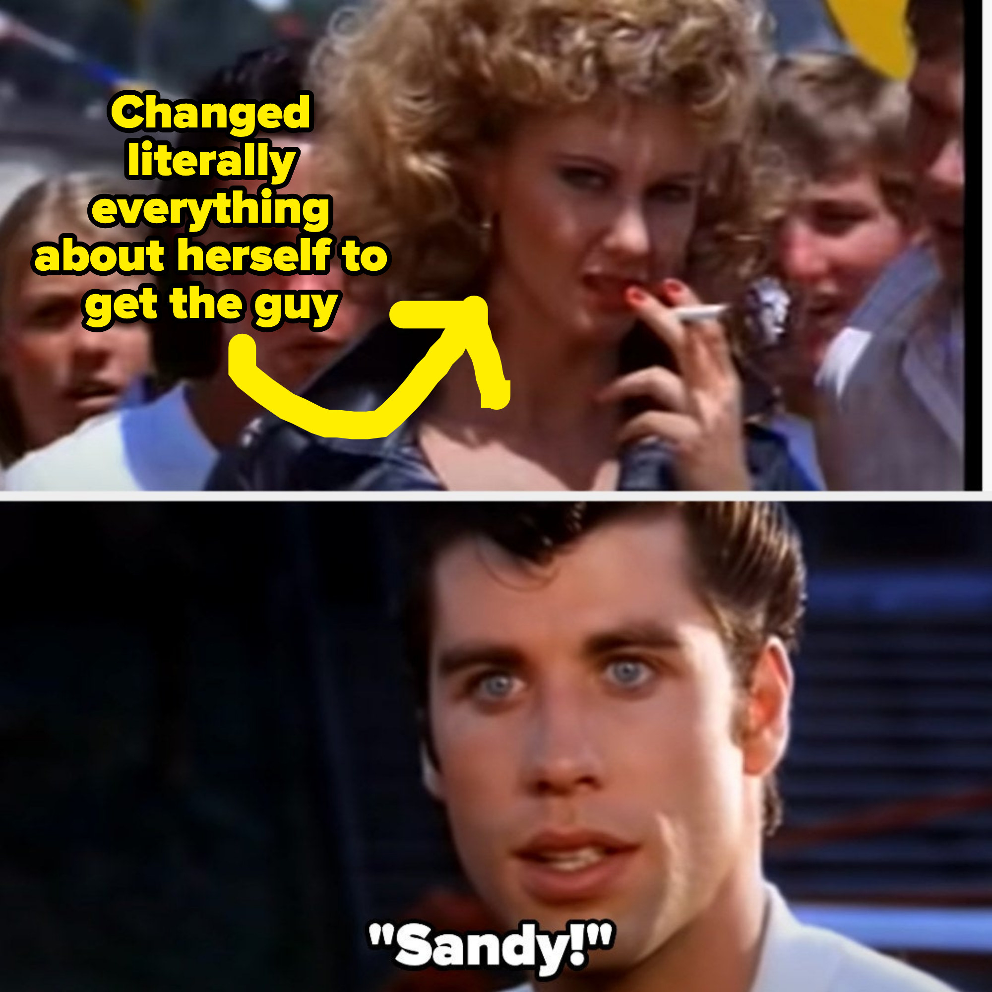 Sandy shows up with a cigarette in leather and Danny exclaims &quot;Sandy!&quot;