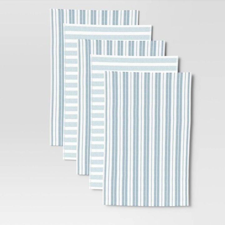 Five blue and white striped dish towels