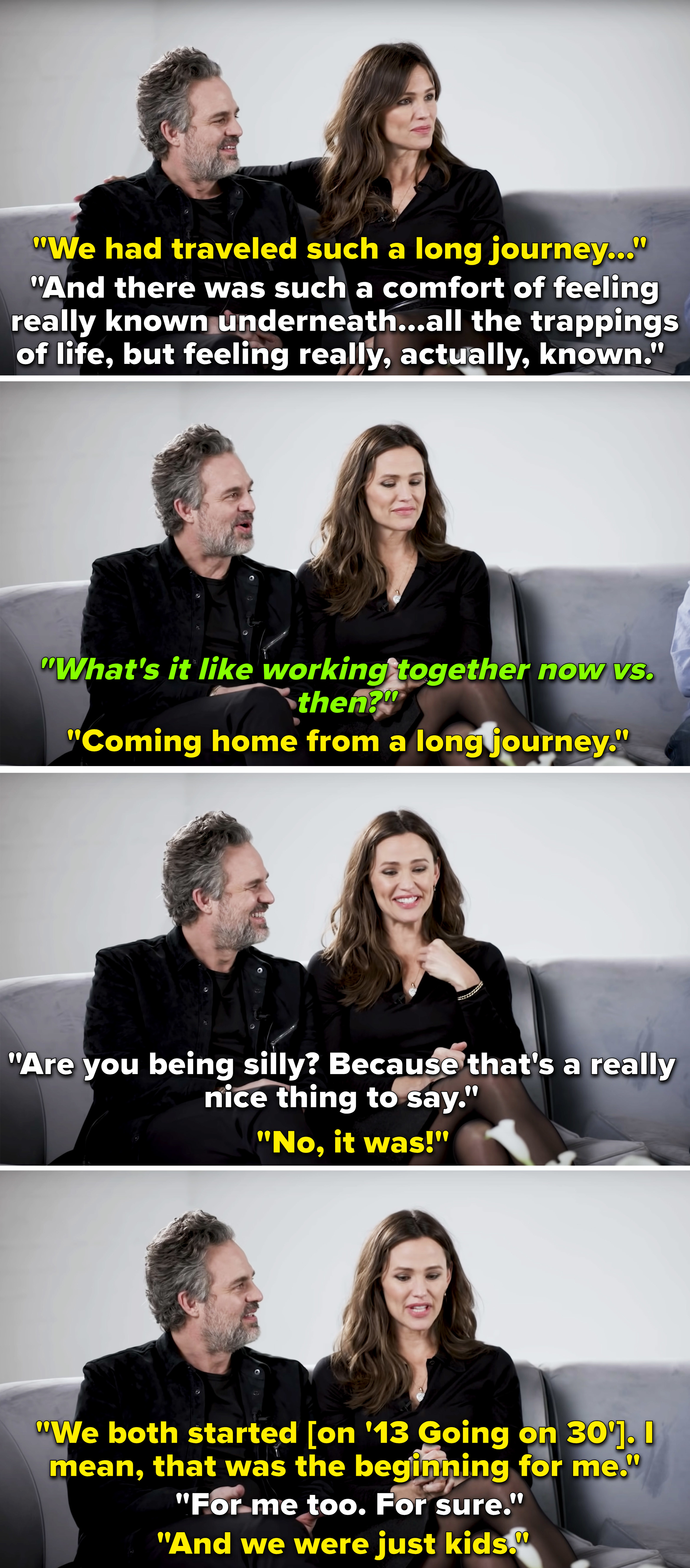 Mark Ruffalo saying that he feels like Jennifer Garner is home since they bonded as young actors and Jennifer Garner agreeing