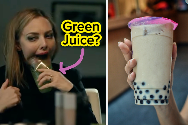 elizabeth holmes in the dropout drinking green juice on the left and boba on the right