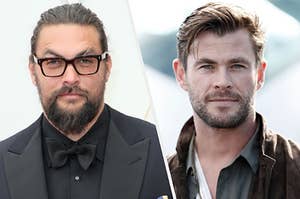 Jason Momoa wears a dark suit and Chris Hemsworth wears a button up shirt under a leather jacket