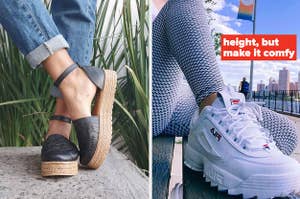 model wearing black espadrilles / reviewer's foot in a chunky white sneaker with text: height, but make it comfy