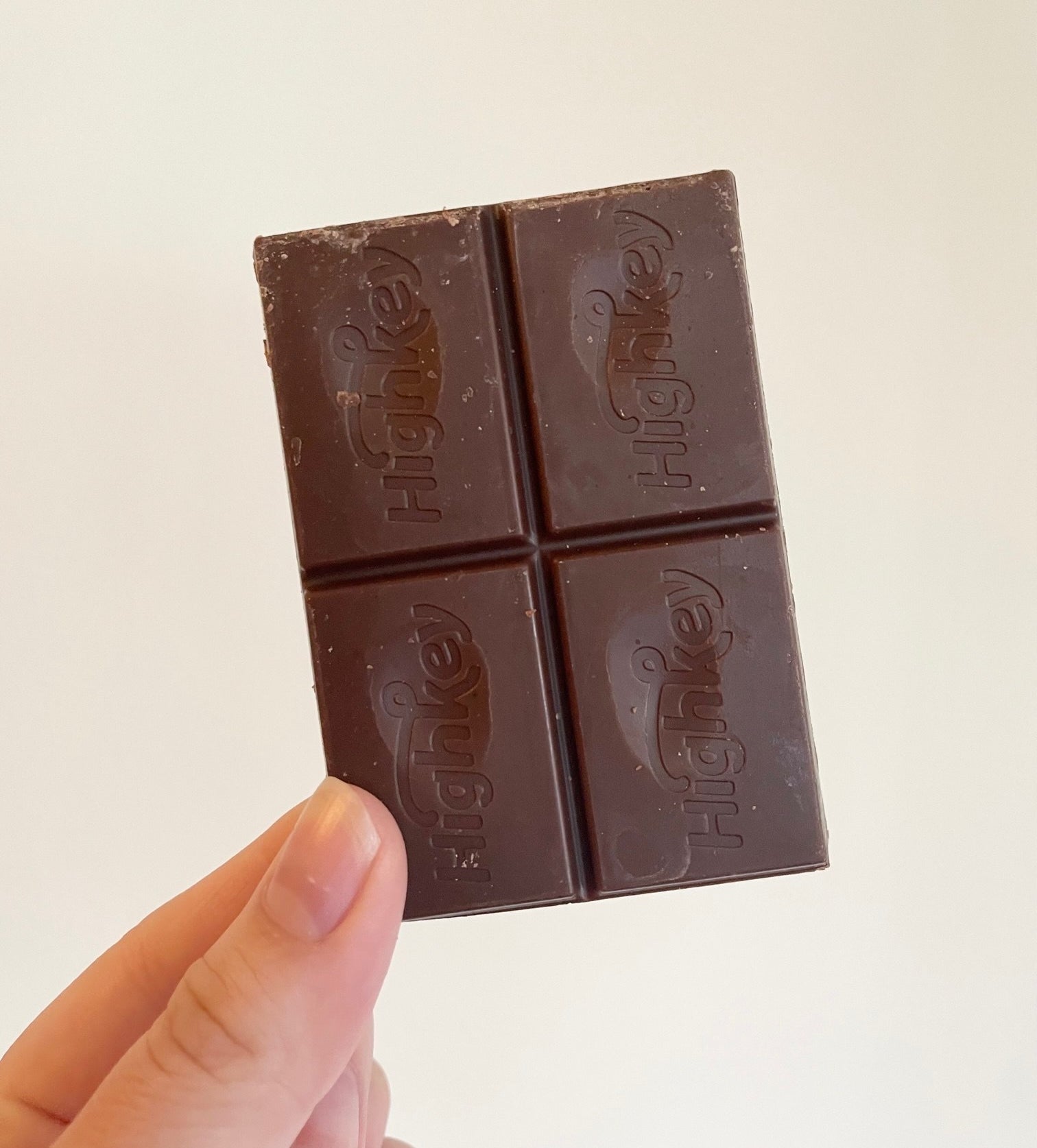 Writer holding up a four-part chocolate bar