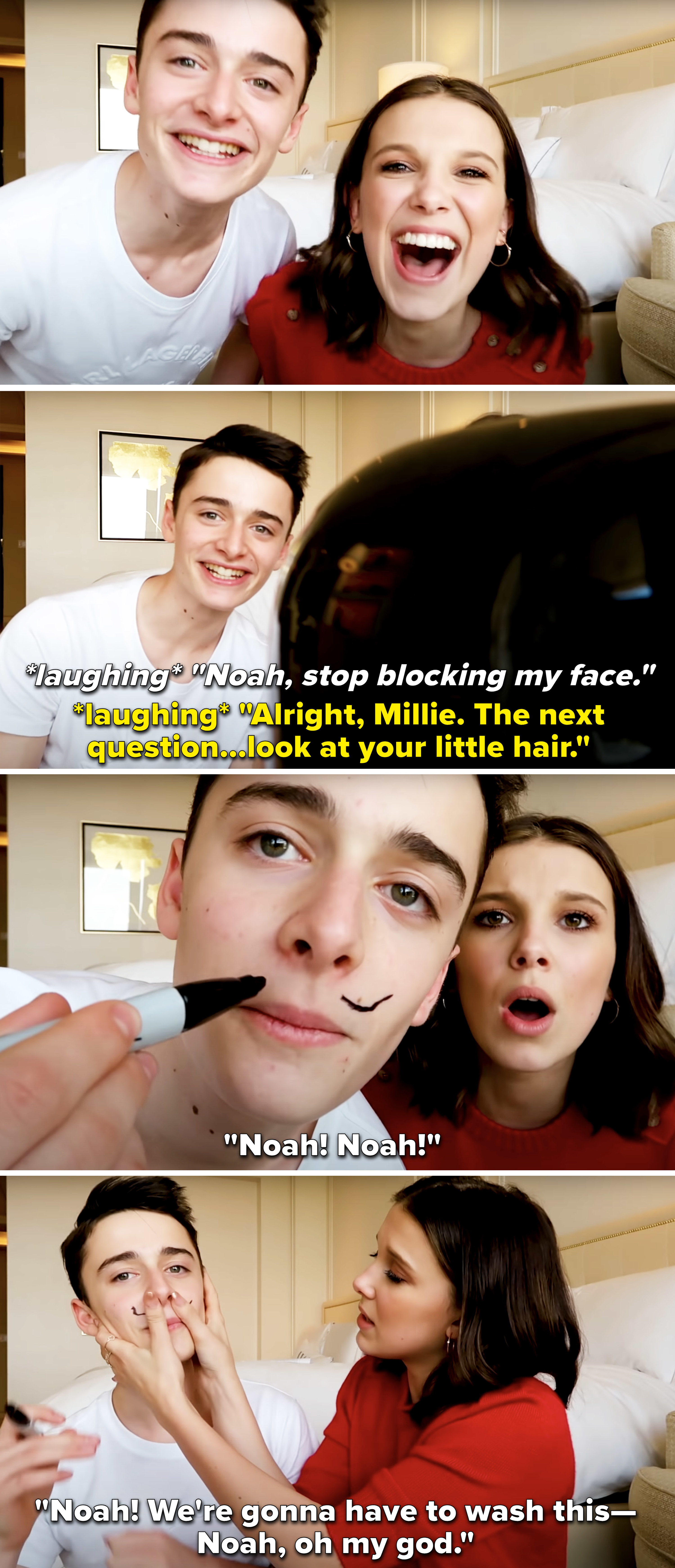 Noah Schnapp drawing a mustache on his face and Millie Bobby Brown looking concerned and saying they&#x27;ll have to wash it off