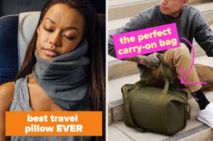 travel pillow on the left and carry-on bag on the right
