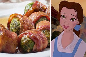Brussel Sprouts are wrapped in bacon with Belle on the right
